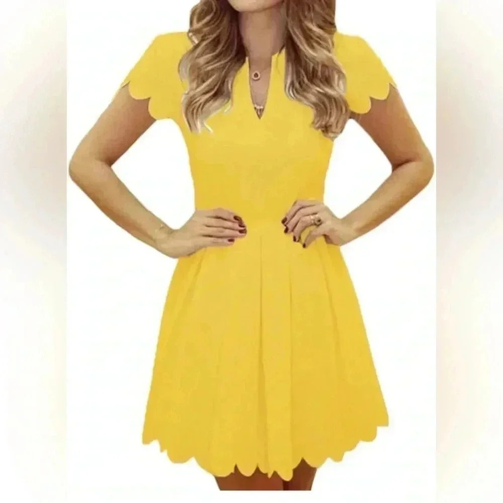 Sidefeel | Women’s v-neck scalloped, pleated skater dress. Size: L.